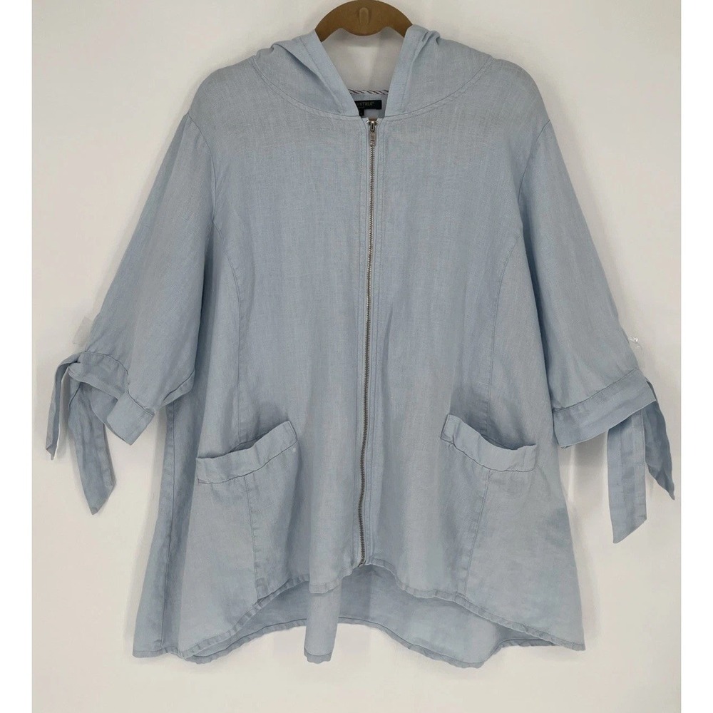 For Cynthia Jacket  Blue Hooded Linen 1X Flare Lagenlook Coastal Grandma Tunic